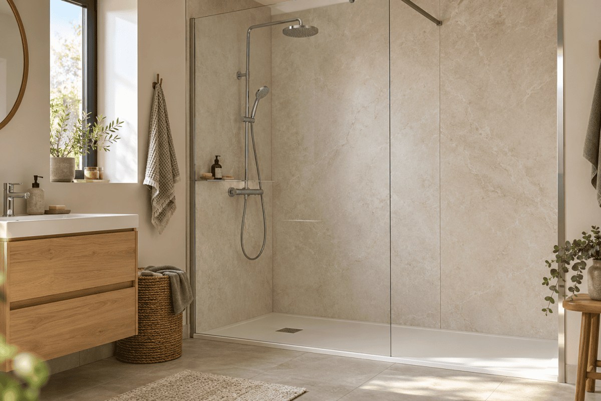 Douche habillée de grands panneaux muraux beige effet pierre, avec profilé et paroi vitrée