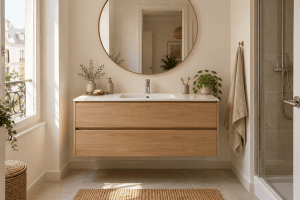 Meuble suspendu en bois avec deux tiroirs et une vasque blanche intégrée dans une salle de bain lumineuse